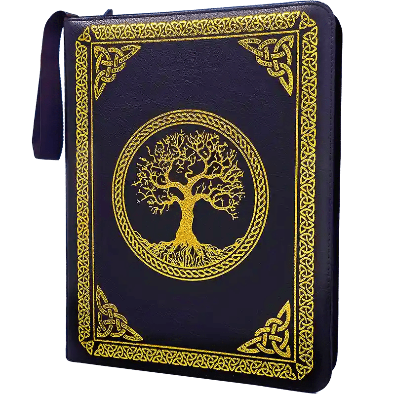 Black leather case with gold tree of life design on a white background